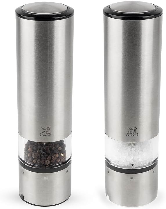 Peugeot - Elis Sense u'Select Electric Salt and Pepper Mill Set - Adjustable Grinders, Battery Powered - Blue LED Light, Stainless Steel, 8-inches - Product Image