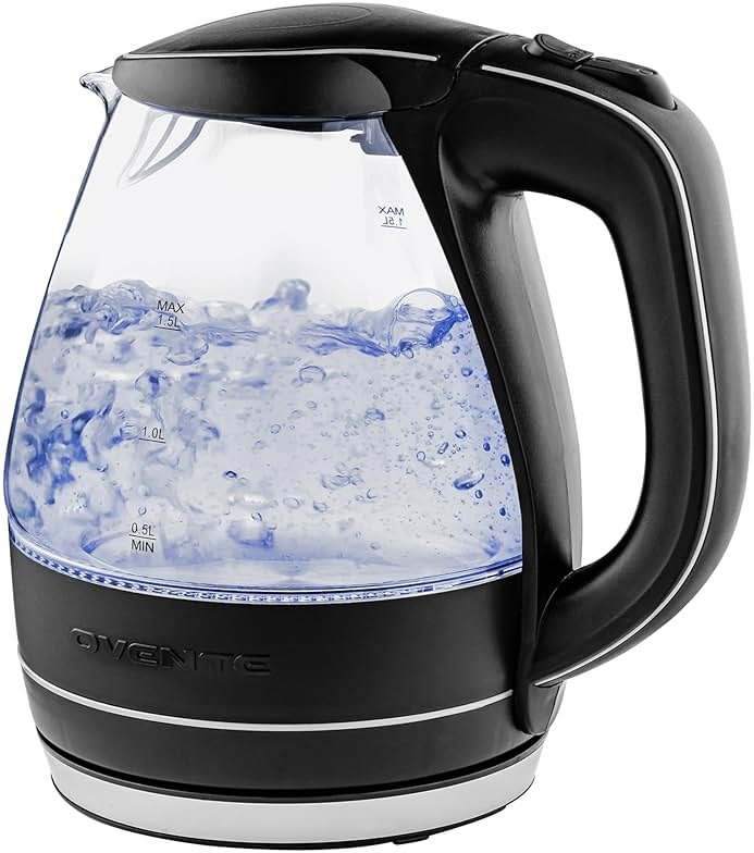 OVENTE Electric Kettle, 1.5L Borosilicate Glass Countertop Water Heater and Boiler for Coffee or Tea, BPA-Free, Auto Shut-Off, Boil-Dry Protection, Removable and Washable Spout Filter, Black KG83B - Product Image