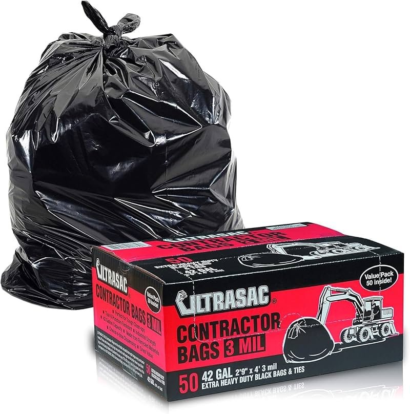 Ultrasac Heavy Duty Contractor Bags (VALUE 50 PACK/w TIES), 42 Gallon, 32.75" X 47" - 3 MIL Thick Large Black Industrial Garbage Trashbags for Construction and Commercial use - Product Image
