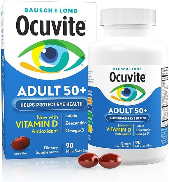 Ocuvite 50+ Eye Vitamin & Mineral Supplement, Multivitamin for Vision & Ocular Health with Omega-3, Zinc, Vitamins C & E, Lutein & Zeaxanthin, Zinc Supplements for Women and Men, 90 Softgels - Product Image