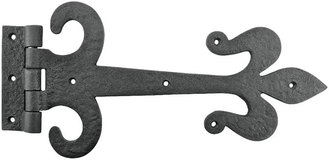 Renovators Supply Manufacturing Gate Hinges 12 in. Black Wrought Iron Fleur De Lis Style Strap Hinges for Gates and Doors with Mounting Hardware - Product Image