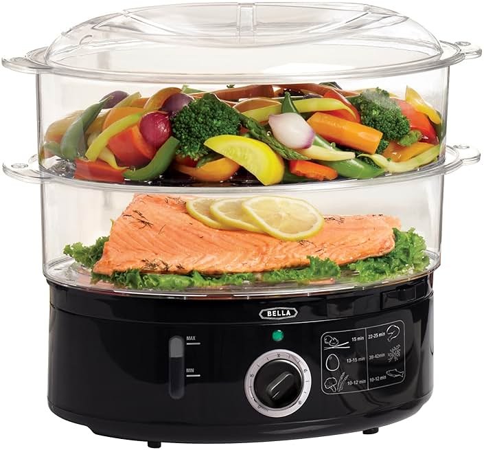BELLA Two Tier Food Steamer with Stackable Baskets & Removable Base for Fast Simultaneous Cooking - Auto Shutoff & Boil Dry Protection, 7.4 QT, Black - Product Image