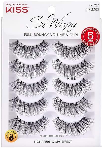Kiss Looks So Natural, So Wispy False Eyelashes, 5 Pairs, 14mm, Reusable Thin Band Strip Lashes for Bouncy Volume & Curl, Lightweight, Easy-to-Apply Crisscross Pattern for Seamless Natural Look - Product Image