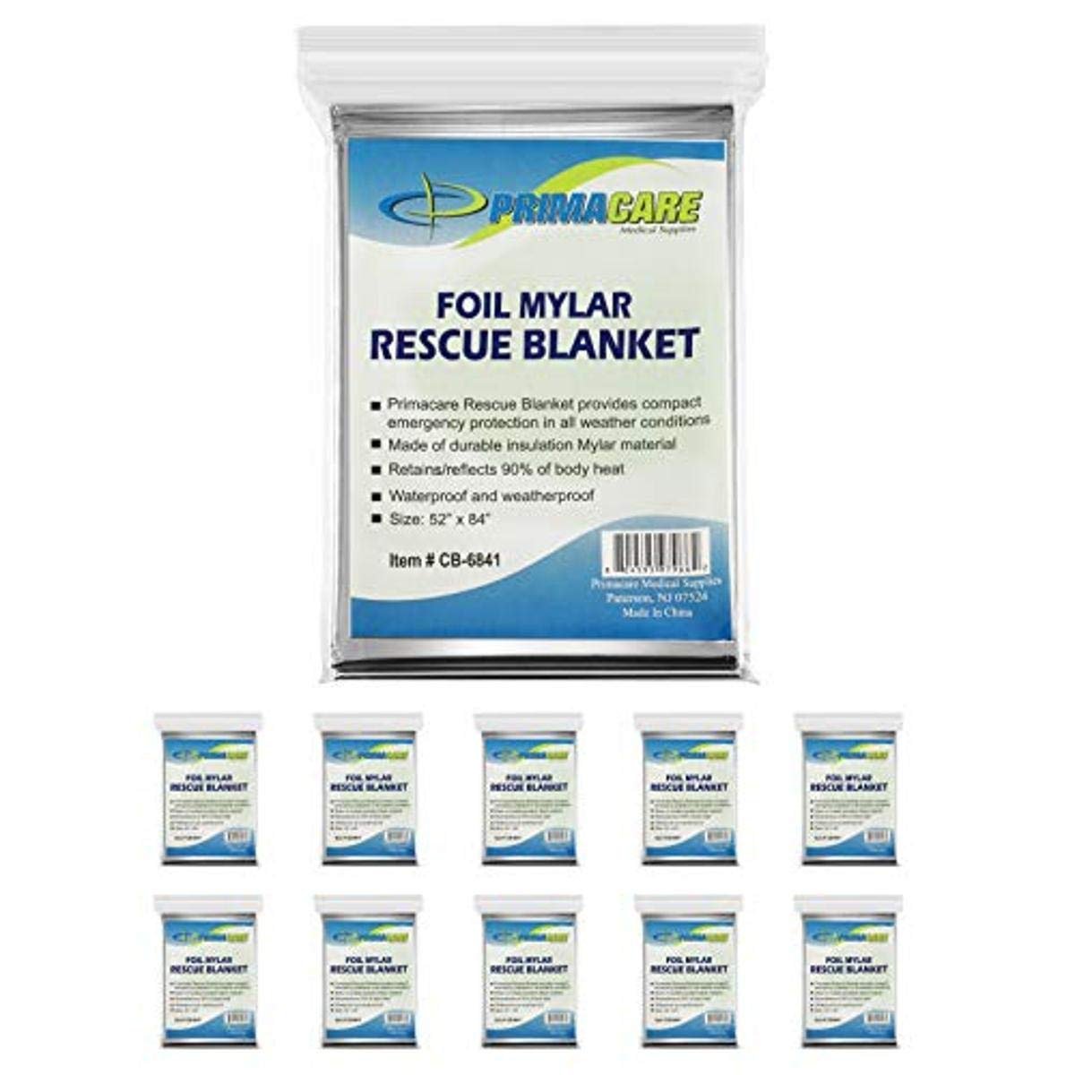 Primacare HB-10 Emergency Mylar Thermal Blankets – 10 Pack, 84" x 52", Silver – Reflective, Waterproof, Retains 90% Body Heat – for Survival, First Aid, Outdoors, Camping, EMS - Product Image