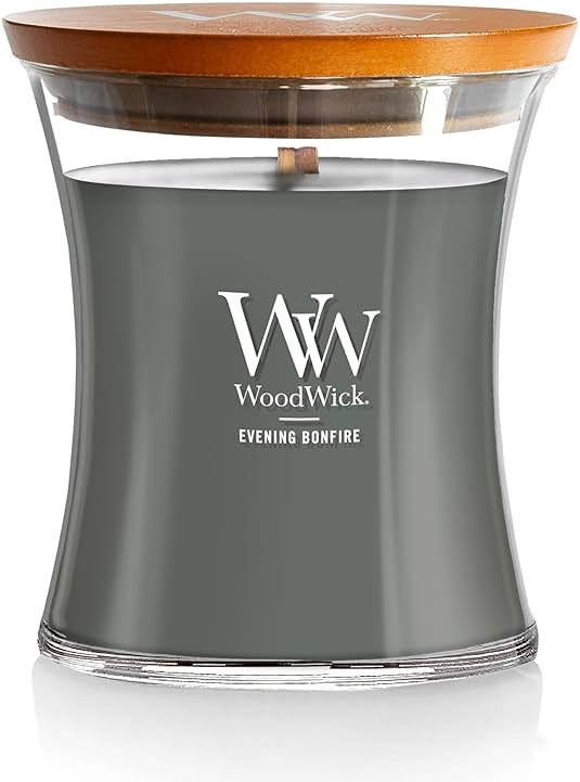WoodWick Evening Bonfire Holiday Candle Gifts for Women and Men, 9.7 oz Medium Hourglass Candle with Crackling Wick - Product Image