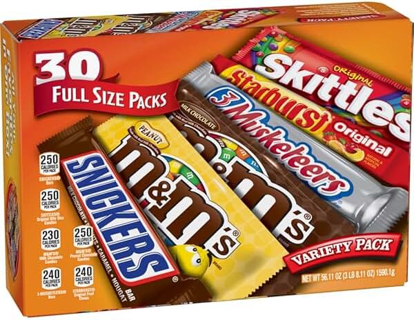 M&M'S, SNICKERS, 3 MUSKETEERS, SKITTLES & STARBURST Variety Pack Full Size Bulk Candy Assortment, 56.11 oz, 30 Bars - Product Image