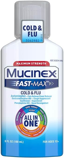 Mucinex Fast-Max Cold and Flu Medicine All-in-One Maximum Strength Liquid for Chest Congestion, Cough, Sore Throat, Nasal Decongestant, 6 fl oz (Packaging May Vary) - Product Image