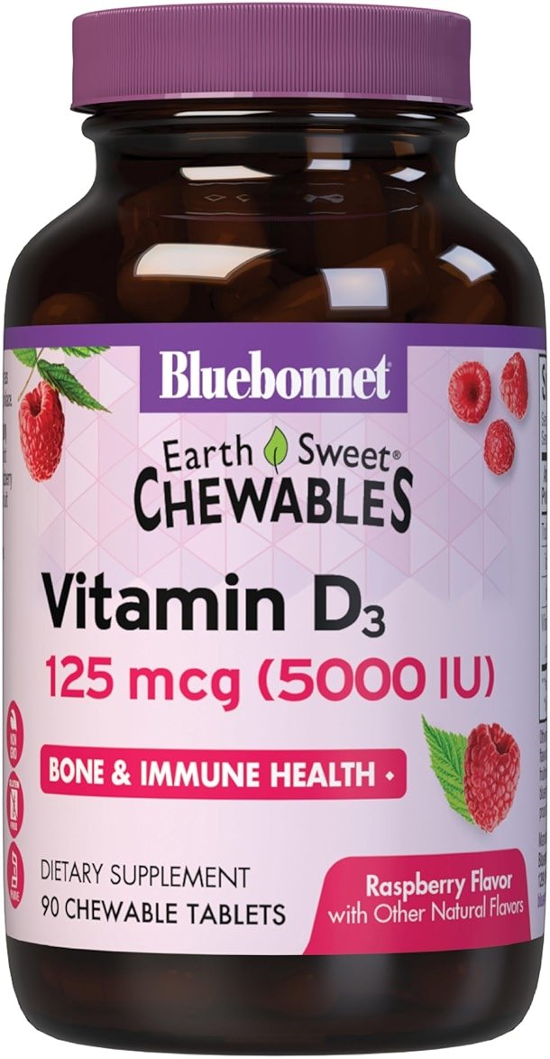 Bluebonnet Nutrition Earth Sweet Vitamin D3 5000 IU Chewable Tablets, Aids in Muscle & Skeletal Growth, Non GMO, Gluten & Soy & Milk Free, Kosher, Raspberry, White, 90 Count - Product Image