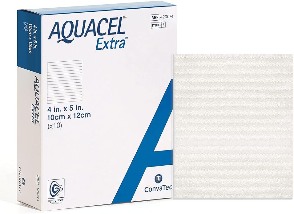 ConvaTec AQUACEL Extra 4"x5" Hydrofiber Absorbant Dressing for Moderate to Highly Exuding Wounds, Non-Woven Two-Dimensional Strengthening Fibers, Rectangle, 10ct Box - Product Image