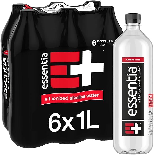 Essentia Bottled Water, 1 Liter, Pack of 6 Bottles; 99.9% Pure, Infused with Electrolytes for a Smooth Taste, pH 9.5 or Higher; Ionized Alkaline Water - Product Image