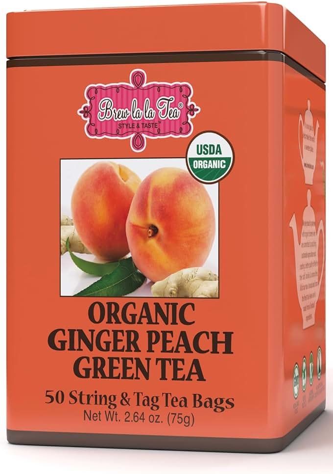 Brew La La Organic Green Tea - Natural Ginger Peach Flavor - 50 Double Chambered Tea Bags - Low Caffeine - USDA Certified Organic - NonGMO - Gluten Free - Product Image