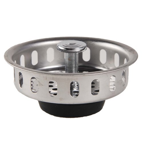 Kitchen Sink Stainless Steel Basket Strainer Replacement with Flat Bottom Rubber Stopper, 3-1/2 Inch, Indoor and Outdoor Kitchen Sink Strainer, Chrome - Product Image