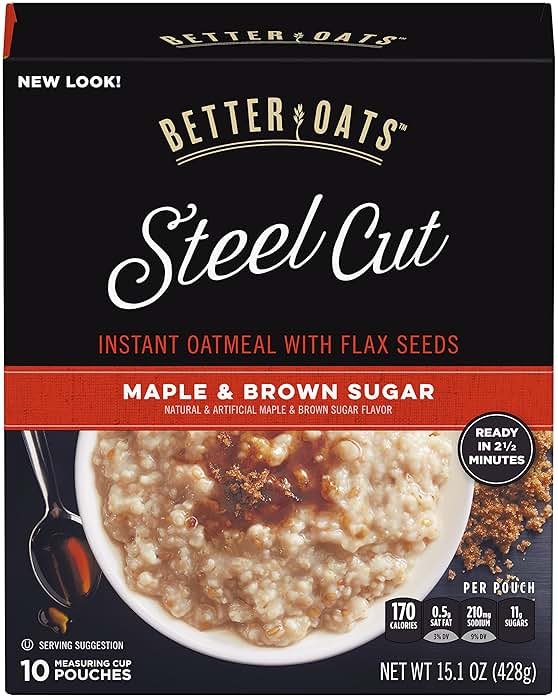 Better Oats Steel Cut Instant Oatmeal Packets, Maple and Brown Sugar Flavor with Flax Seeds, Quick-Cooking Breakfast, Box of 10 Pouches (Pack of 6) - Product Image
