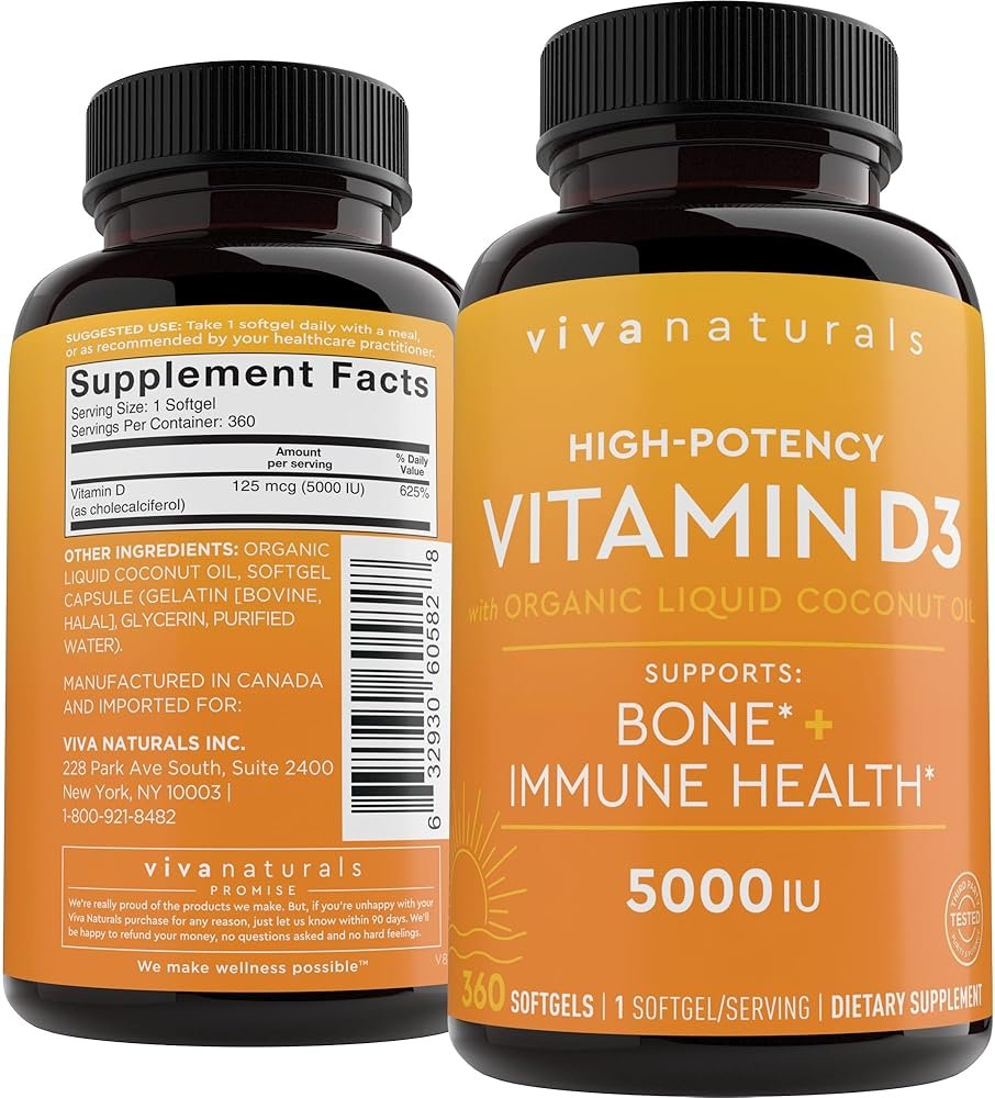 Viva Naturals Vitamin D3 5000 IU Softgels, 360 Count (125 mcg), Supports Bone & Immune Health, High Potency Vitamin D - Product Image