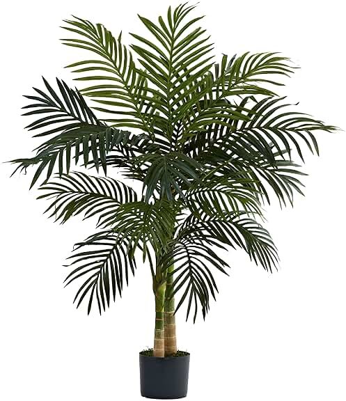 4ft Golden Cane Palm Double Stalk Artificial Tree with Lush Realistic Foliage - Maintenance-Free Indoor Faux Palm Plant for Living Room, Easy Setup Synthetic Palm, Perfect Tropical Decoration - Product Image