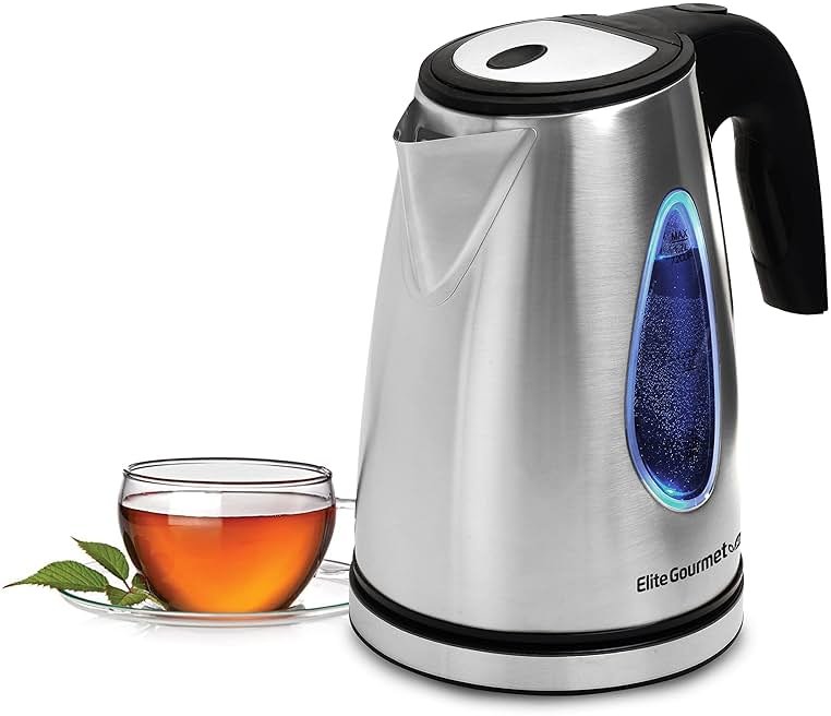 Elite Gourmet EKT-1271 Ultimate 1.7 Liter Electric Kettle – Stainless Steel Design & Cordless 360° Base, Stylish Blue LED Interior, Handy Auto Shut-Off Function – Quickly Boil Water For Tea & More - Product Image