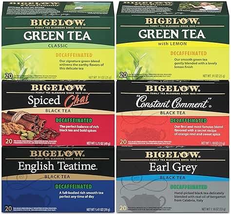 Bigelow Tea Decaffeinated Tea 6 Flavor Variety Pack, Decaf Tea with Green Tea, Spiced Chai, Constant Comment, English Teatime and Earl Grey Tea, 20 Count Box (Pack of 6), 120 Total Tea Bags - Product Image