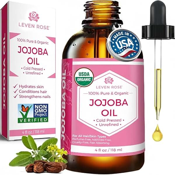 Leven Rose Jojoba Oil Organic, Pure Cold Pressed Carrier Oil, Natural Unrefined Moisturizer for Skin Hair and Nails 4 oz - Product Image