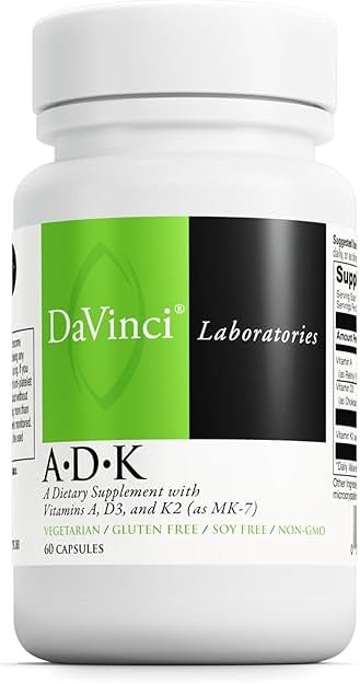 DAVINCI Labs ADK - Helps Support Bone, Heart & Immune Health - Dietary Supplement with Vitamins A, D3 & K2 (as MK-7) - Vegetarian, Gluten Free & Soy Free - 60 Capsules - Product Image