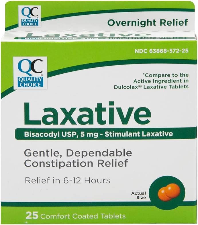 Quality Choice Laxatives for Constipation Relief - Bisacodyl 5mg Tablets, Comfort Coated Stimulant Laxative. Overnight Relief, 25 Count. for Occasional Constipation and Irregularity. - Product Image