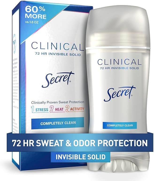 Secret Clinical Strength Invisible Solid Antiperspirant Deodorant for Women, 100HR Sweat & Odor Protection, 3X Stress Protection with Hyaluronic Acid, PH Balanced, Completely Clean Scent, 2.6 oz - Product Image