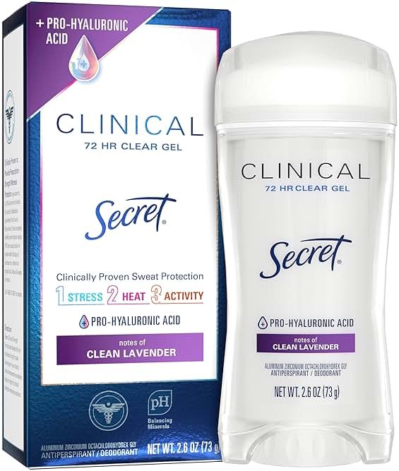 Secret Clinical Strength 100HR Sweat & Odor, Clear Gel Antiperspirant Deodorant for Women, 3X Stress Protection with Hyaluronic Acid, PH Balancing Minerals, Clear Lavender Scent, 2.6 oz - Product Image