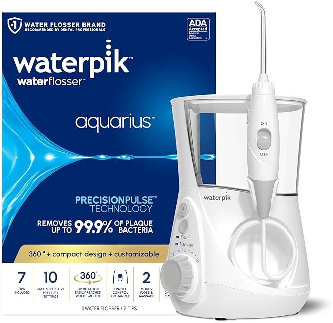 Waterpik Aquarius Water Flosser For Teeth Cleaning, Gums, Braces, Dental Care, Electric Power With 10 Settings, 7 Tips For Multiple Users And Needs, ADA Accepted, White WP-660, Packaging May Vary - Product Image