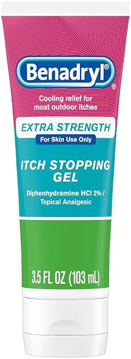 Benadryl Topical Itch Relief Gel, Extra Strength, Contains 2% Diphenhydramine HCl, Soothing Relief from Scrapes, Insect Bites, Sunburn and More, Great for Outdoors, 3.5 fl oz - Product Image