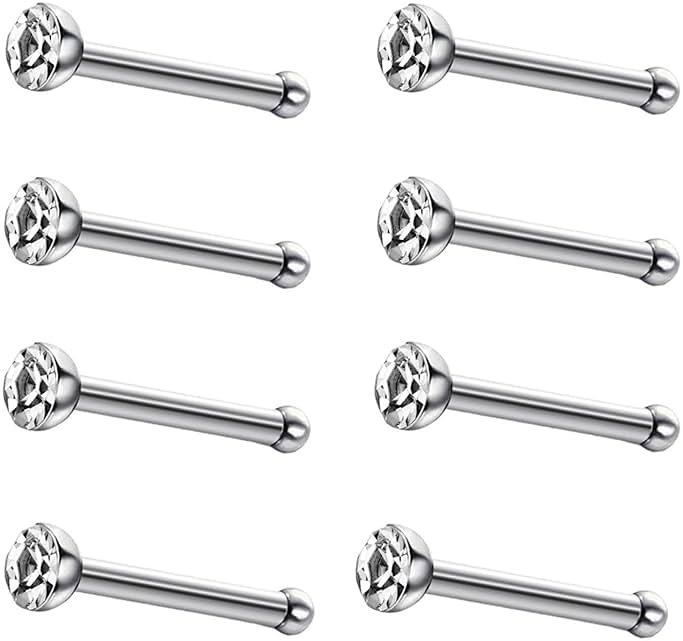 JEWELRIESHOP 40pcs Nose Studs Stainless Steel CZ Nose Rings Pins Piercing Jewelry Bone Studs for Women Men Hypoallergenic 22G - Product Image