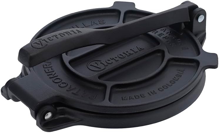 Victoria 8 Inches Cast Iron Tortilla Press, Roti Maker and Tortilladora, Pataconera Seasoned with Flaxseed Oil, Made in Colombia, Traditional Style, Black - Product Image