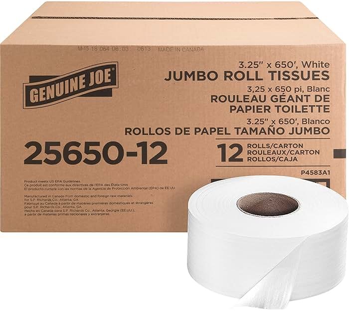 Genuine Joe Jumbo Roll Bath Tissue - 2-Ply White Toilet Paper, 3.3" x 650' per Roll, 12 Count Bulk Pack, Recycled Fiber, Commercial Grade for Dispensers - Product Image