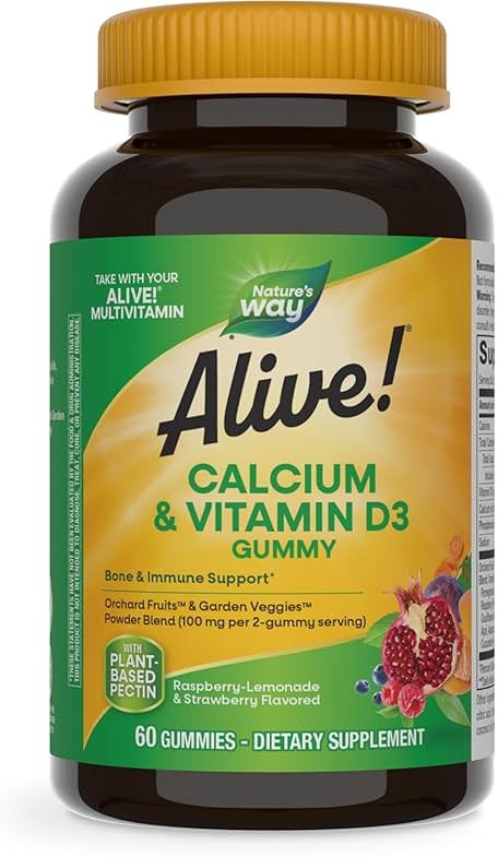 Nature’s Way Alive! Chewable Calcium Gummies with Vitamin D3, Daily Supplement Supports Healthy Bones and Teeth, and Muscle Function*, Strawberry and Raspberry-Lemonade Flavored, 60 Gummies - Product Image