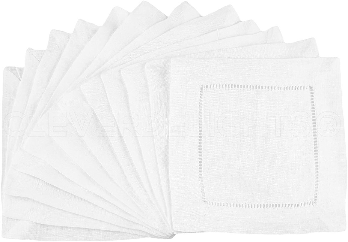 CleverDelights White Hemstitch 6" Cocktail Napkins - 12 Pack - 55/45 Linen Cotton Blend - Product Image