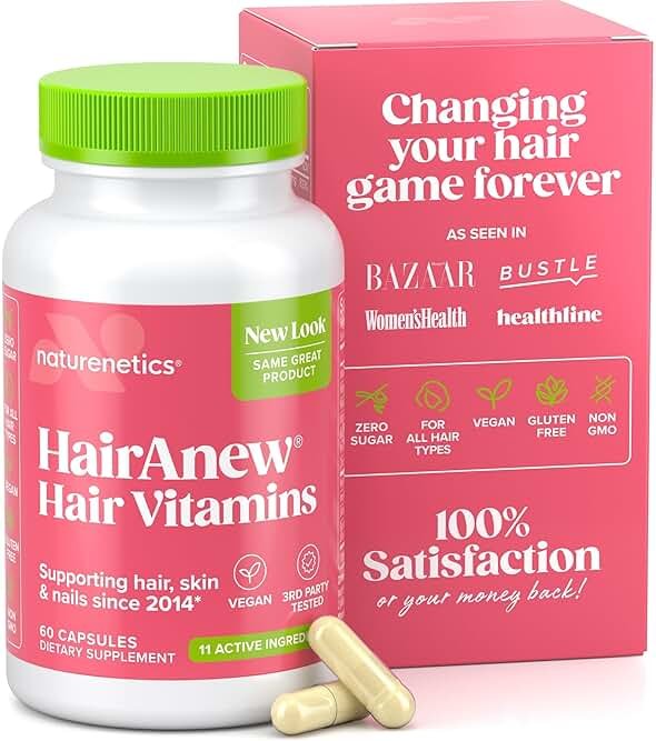 Hair Growth Vitamins for Women & Men for Faster Hair Growth, Vegan, 60 Capsules - 11 Ingredients & 5000mcg Biotin for Thicker Fuller Stronger Locks + Skin & Nail Health - Naturenetics HairAnew - Product Image