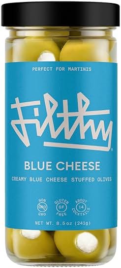 Filthy Blue Cheese Stuffed Olives, Premium Cocktail Garnish, Blue Cheese Stuffed Olives, Naturally Cured Queen Olives Stuffed With Real Wisconsin Blue Cheese for Martinis, 8.5 Oz Jar, 14 Olives - Product Image