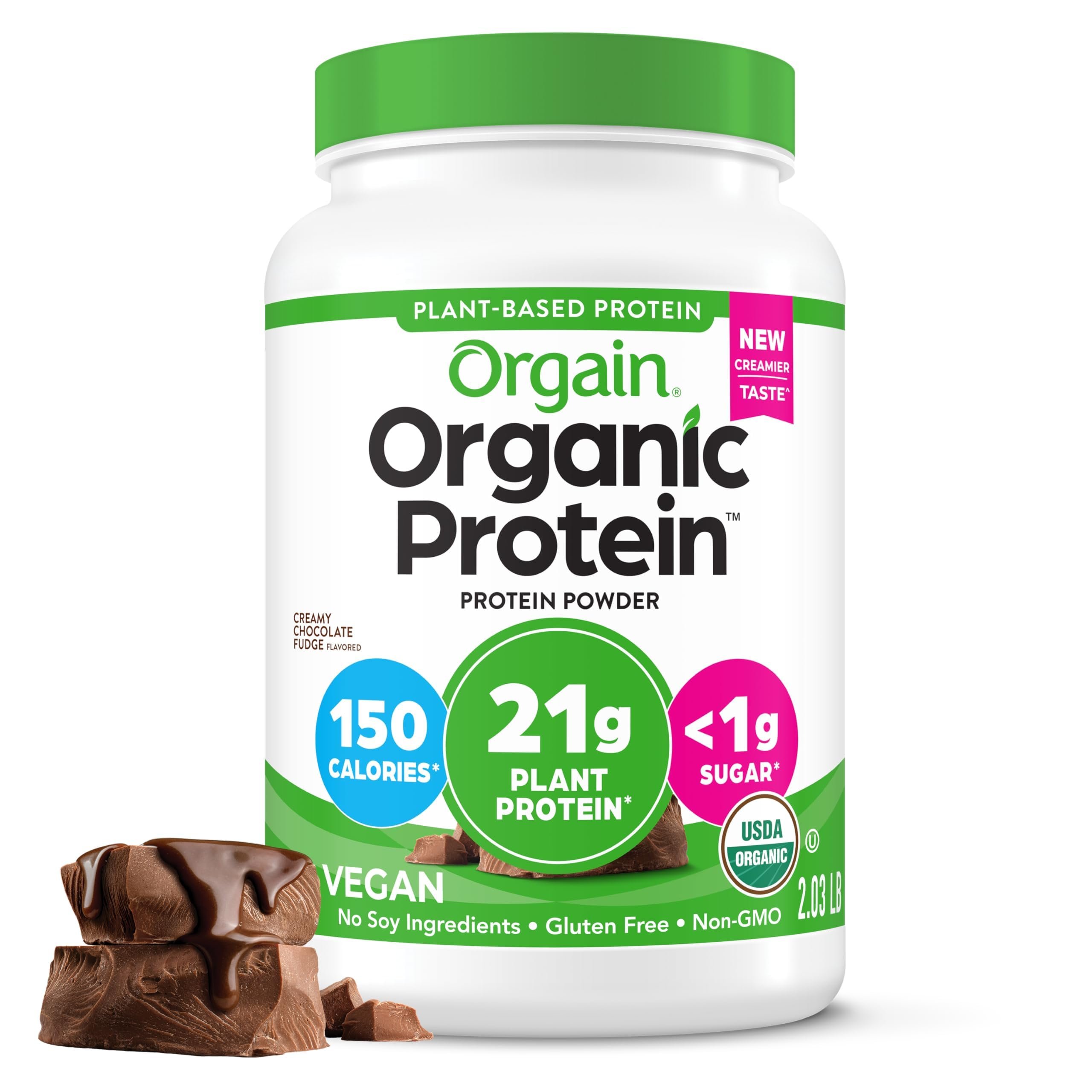 Orgain Organic Vegan Protein Powder, Creamy Chocolate Fudge - 21g Plant Protein, 6g Prebiotic Fiber, Low Net Carb, No Lactose Ingredients, No Added Sugar, Non-GMO, For Shakes & Smoothies, 2.03 lb - Product Image
