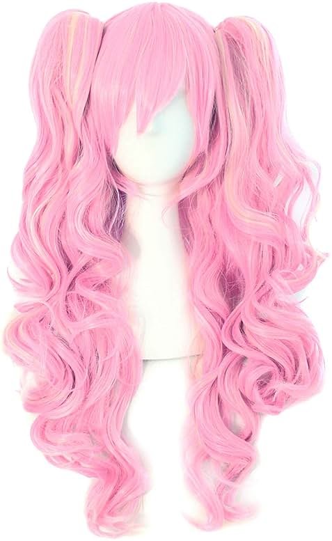 MapofBeauty Multi-color Lolita Long Curly Clip on synthetic Ponytails Cosplay Wig (Pink/Blonde) - Product Image