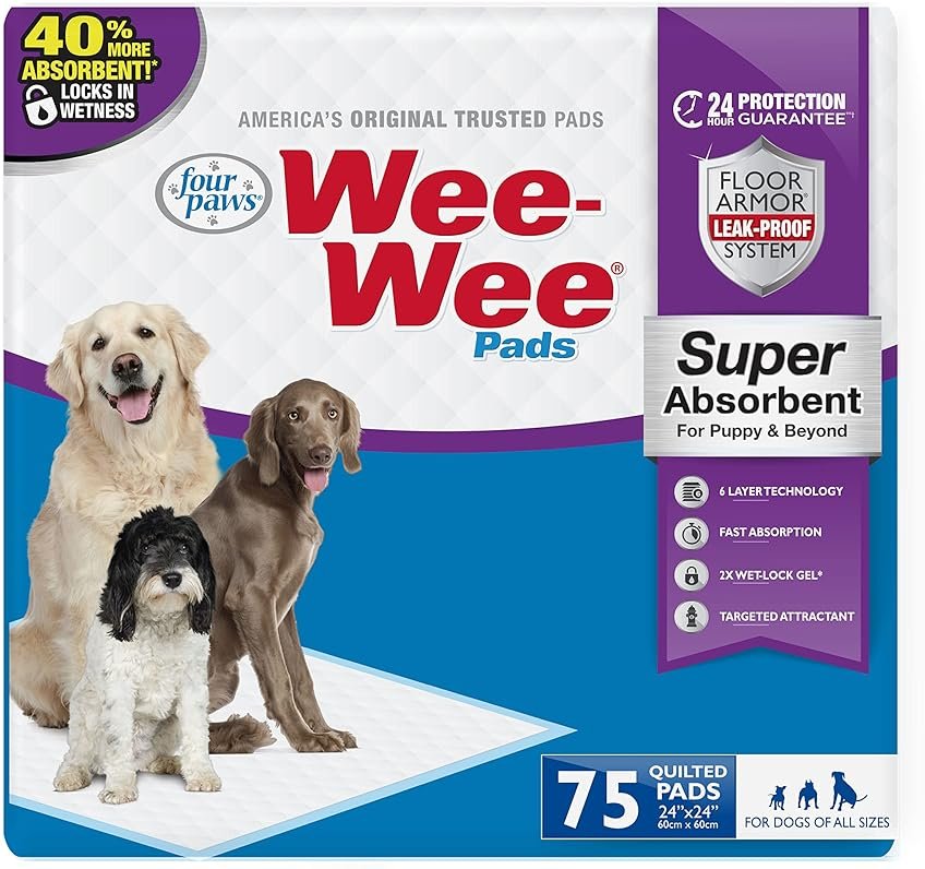 Four Paws Wee-Wee Super Absorbent Unscented Pee Pads for Dogs & Puppies with Insta-Rise Border, Leak-Proof Dog Housebreaking Potty Training Floor Protection, 24" x 24", 75 Count (Packaging May Vary) - Product Image