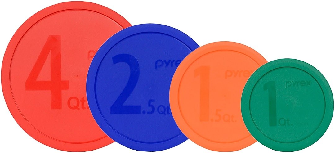 Pyrex (1) 322-PC Green, (1) 323-PC Orange, (1) 325-PC Blue, and (1) 326-PC Red Mixing Bowl Lids (FOR PYREX MIXING BOWLS ONLY) - Made in the USA - Product Image
