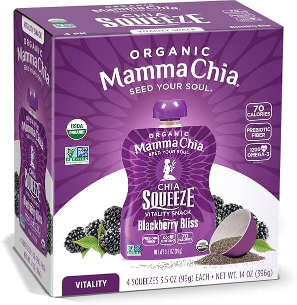 Mamma Chia Organic Vitality Squeeze Snack, Blackberry Bliss, 24- 3.5 Ounce Chia Pouches. USDA Organic, Non-GMO, Vegan, Gluten Free, and Kosher. Fruit and Vegetables with only 70 Calories - Product Image