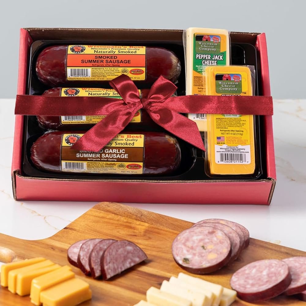 Wisconsin Cheese Company – Gourmet Cheese & Sausage Gift Box | 100% Wisconsin Cheese with Original, Garlic & Jalapeño Cheddar Summer Sausages | Perfect for Parties, Charcuterie Boards, and Holiday Gifts - Product Image