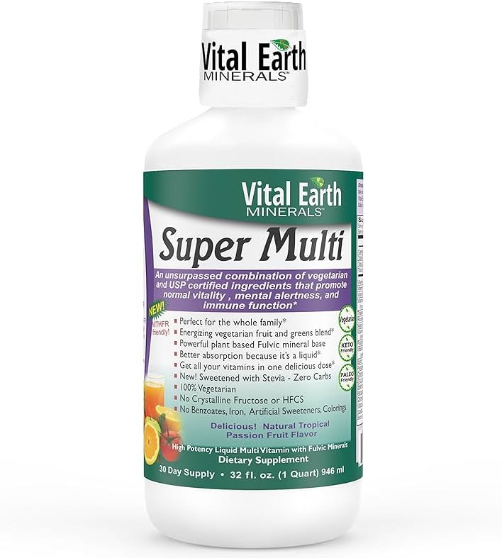 Vital Earth Minerals Super Multi – Liquid Multivitamins for Women, Men & Kids, Liquid Vitamins with Fulvic Acid for Better Absorption, MTHFR Support, 32 Oz + 1 Oz Cup - Product Image