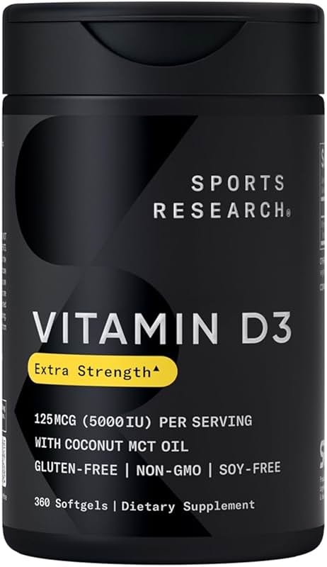 Sports Research Vitamin D3 5000 IU with Coconut MCT Oil - High Potency Vitamin D Supplement for Immune & Bone Support - Non-GMO Verified, Gluten & Soy Free – 125mcg, 360 Liquid Softgels - Product Image