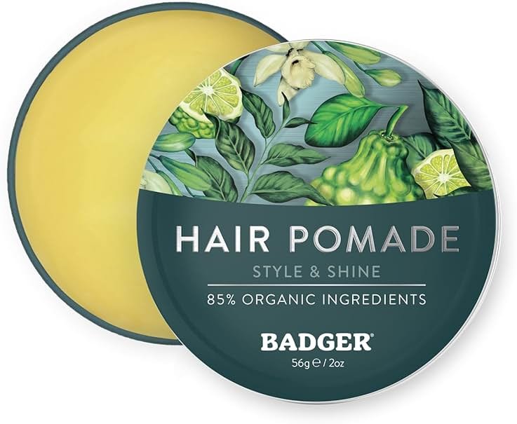 Badger Hair Pomade for Men, Organic, Easy to Use, Subtle Masculine Scent, Medium Hold Hair Pomade with Medium Shine Finish, Nourishes Hair & Scalp 2 oz Tin - Product Image