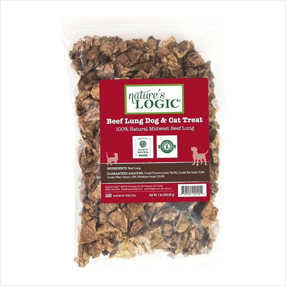 NATURE'S LOGIC Beef Lung Dog & Cat Treats - 100% Natural Midwest USDA Beef Source - Roasted Treats for Dogs and Cats - No Synthetics - 78% Protein - Beef Lung Treat, 1lb - Product Image