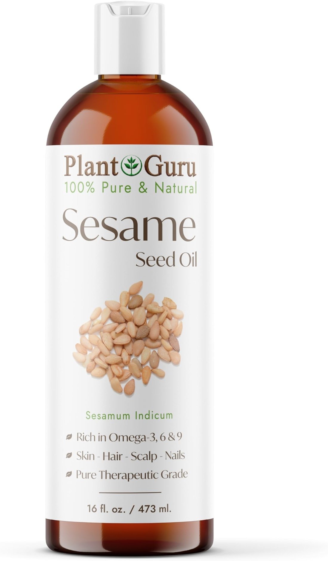 Plant Guru Sesame Seed Oil 16 fl. oz. – Cold Pressed, 100% Pure & Natural Carrier for Skin, Face, Body, Hair, and Cooking. Great for DIY Creams, Lotions, and Lip Balms. - Product Image