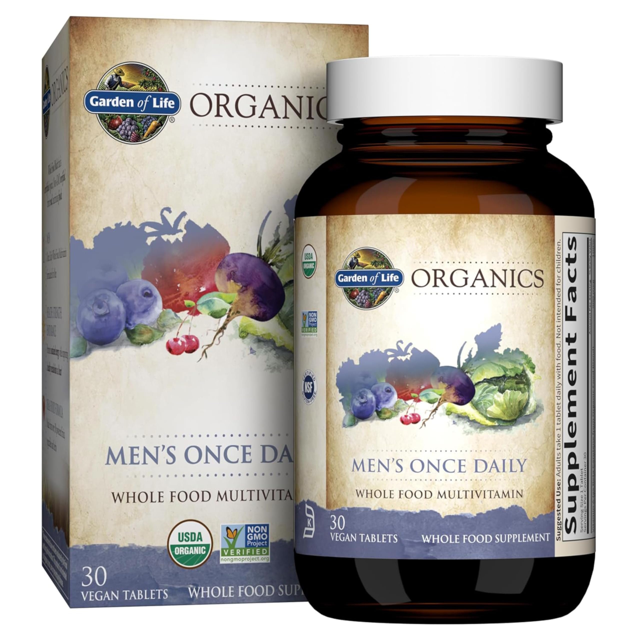 Garden of Life Once Daily Whole Food Multivitamin for Men, Organic Mens Vitamins & Minerals, Vitamin C, Zinc, Vegan, for Health & Well-Being, 30 Tablets - Product Image