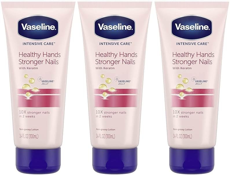Vaseline Lotion, Healthy Hands Stronger Nails with Keratin 3-Pack – Intensive Care Hand Lotion with Petroleum Jelly, 3.4 Oz Ea - Product Image