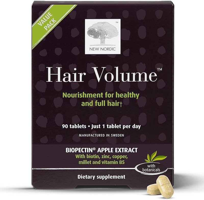 NEW NORDIC Hair Volume Tablets, 3000 mcg Biotin & Biopectin Apple Extract, Hair Vitamins to Support Natural Hair Growth, 90 Count (Pack of 1) - Product Image