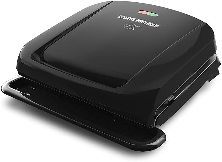 George Foreman 4-Serving Removable Plate Electric Grill and Panini Press, George Tough Non-Stick Coating, Drip Tray Catches Grease, Black - Product Image